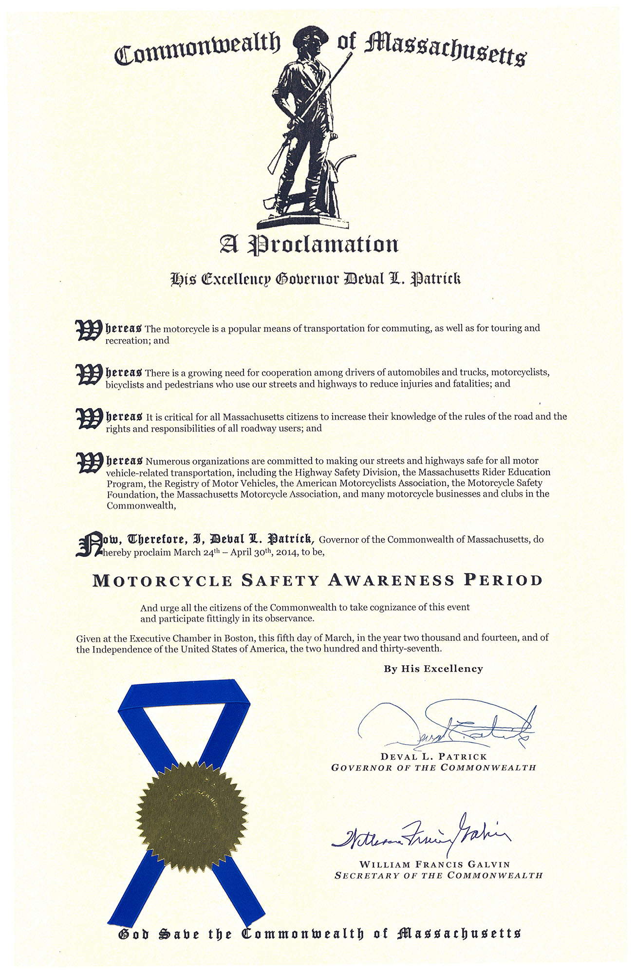 2014 MA Motorcycle Safety Awareness Period Proclamation